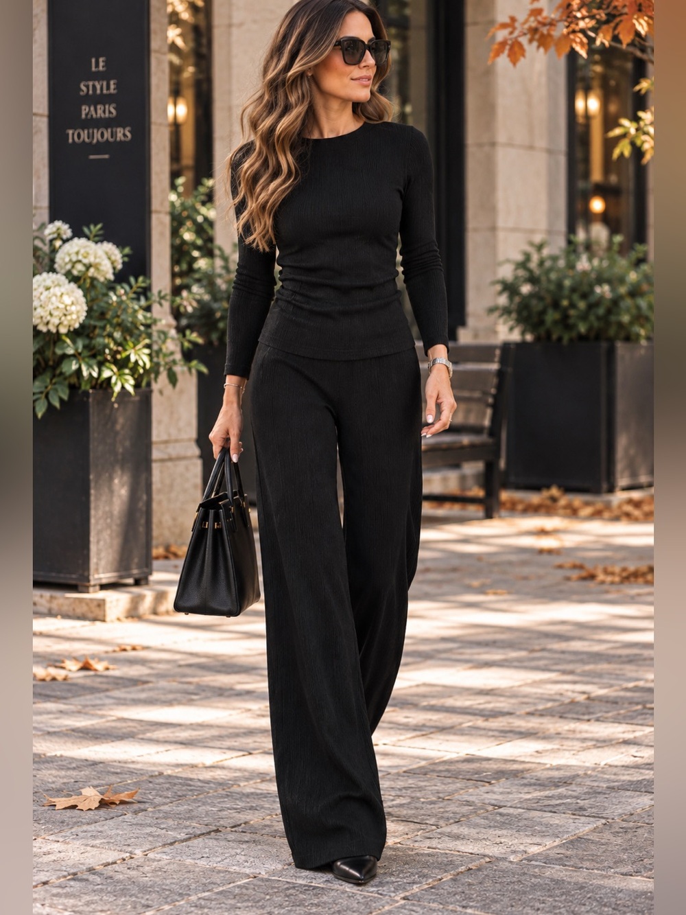 Classic Black Wide-Leg Knit Pants and top
Set -